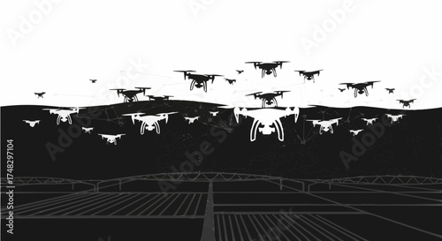 Dynamic drone swarm navigates abstract landscape, showcasing futuristic surveillance and aerial technology innovation for modern projects.