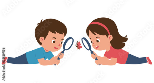 Children Observing A Butterfly With Magnifying Glasses