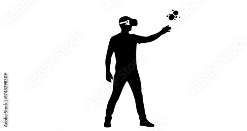 Man wearing VR headset interacting with digital objects, exploring virtual reality future, modern technology immersion, engaging digital experience