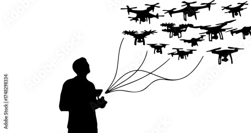 Dynamic drone swarm controlled by a single operator, representing innovation, technology, and future aerial possibilities for commercial use.