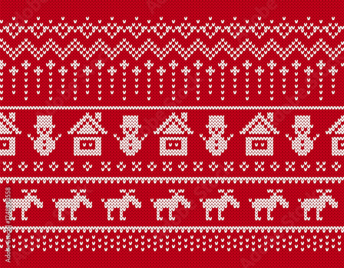 Knit seamless ornament. Christmas pattern with snowman, house, snowflake, deer, trees. Fair isle festive Xmas ugly elements. Sweater xmas border. Knitted print. Vector illustration