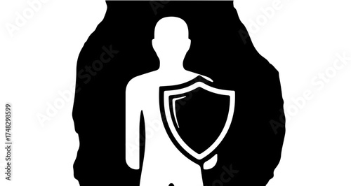 Confident individual protected by shield symbolizing security, safety, and personal defense against threats.