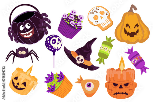 Flat vector Halloween illustration with pumpkins, candles, sweets, spiders and witch hat. Perfect for holiday banners, invitations and decoration projects.