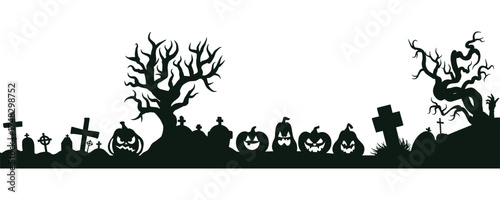 Dark Halloween vector with pumpkins, gravestones and eerie trees in silhouette style. Ideal for invitations, posters, web banners and festive design projects.