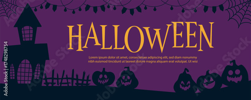 Flat vector Halloween banner with black silhouettes of haunted house, web, and jack lanterns on dark purple background. Perfect for party invitations, posters, and holiday promos.