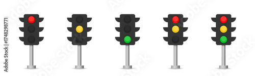 Realistic traffic lights icons. Crossroad regulation. Traffic control lights. Red green and orange traffic lights colors. Vector illustration design EPS 10