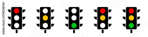 Traffic lights icons. Traffic control lights. Crossroad regulation. Red green and orange traffic lights colors. Vector illustration design EPS 10