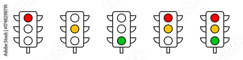 Traffic lights icons. Crossroad regulation. Traffic control lights. Red green and orange traffic lights colors. Vector illustration design EPS 10