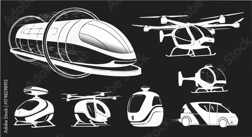 Futuristic transportation concepts including high-speed trains, drones, and autonomous vehicles showcasing innovation and modern transit solutions.