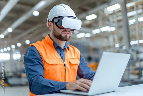 Man in Safety Vest Using Virtual Reality Headset While Working on Laptop in Factory Environment
