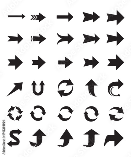 Black Arrow Icons Set, Bold Directional Vector Symbols Collection.