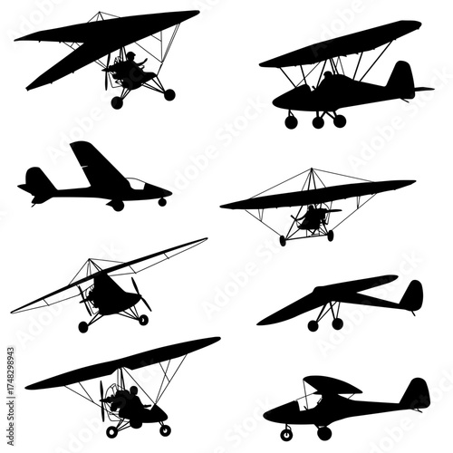 Black and White Vector Collection of Ultralight Aircrafts for Aviation, Transport, and Technical Design Projects


