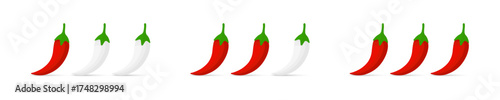 Pepper spiciness level. Pepper spice level. Red chilli pepper icons. Spicy peppers icons set. Isolated vector graphic EPS 10