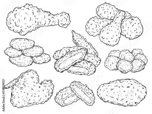 Set of hand drawn deep fried chicken, breast, drumstick, wing and nuggets outline drawing illustration