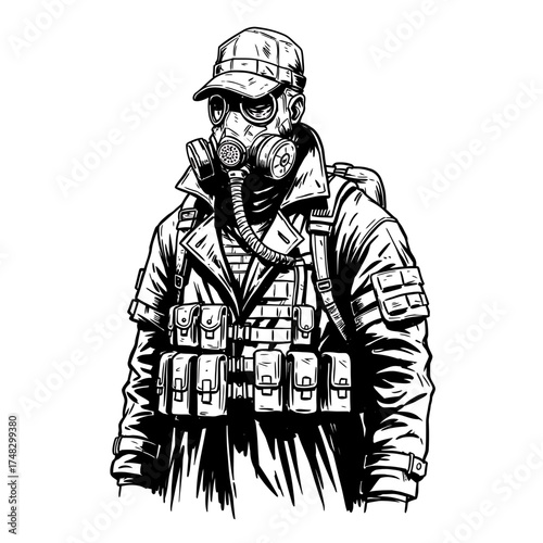 Post-Apocalyptic Soldier in Gas Mask – Tactical Survivor Character with Military Gear in Hand Drawn Vector Style

