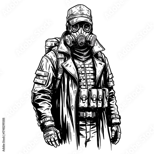 Post-Apocalyptic Soldier in Gas Mask – Tactical Survivor Character with Military Gear in Hand Drawn Vector Style

