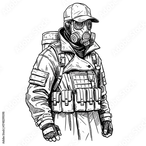 Post-Apocalyptic Soldier in Gas Mask – Tactical Survivor Character with Military Gear in Hand Drawn Vector Style

