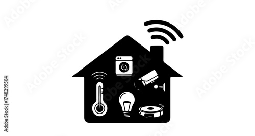 Smart home technology icons integrated within a house silhouette symbolizing connected living and automation for modern convenience