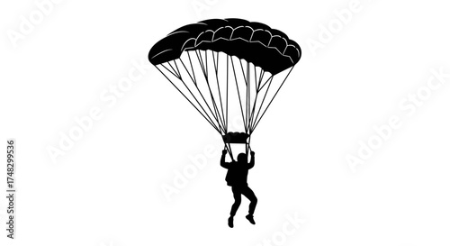 Skydiver with Parachute Silhouette – Extreme Sport Vector of Aerial Freefall Adventure and Paragliding Action


