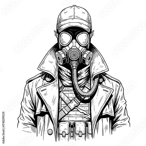 Post-Apocalyptic Survivor Illustration – Gas Masked Character in Trench Coat and Tactical Gear Sketch

