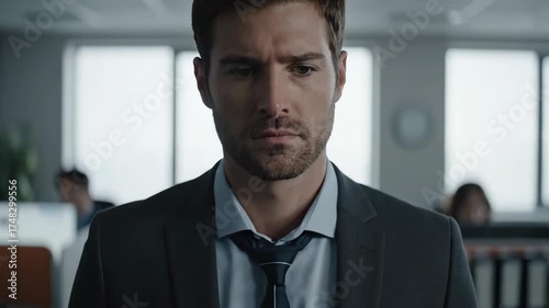 Close-up of a man in a suit and tie looking stressed in an office setting, perhaps contemplating a difficult decision or feeling overwhelmed by work