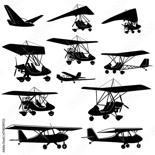 Ultralight Aircraft Vector Set – Hand-Drawn Black Silhouette Collection of Light Sport Planes and Flying Machines


