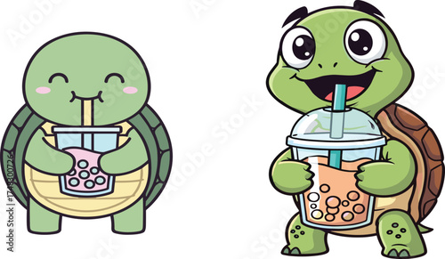 Cute Cartoon Turtle Drinking Boba Bubble Tea Vector Illustration Set