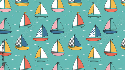 Digital illustration of sumud flotilla naval fleet, boats with colorful sails.