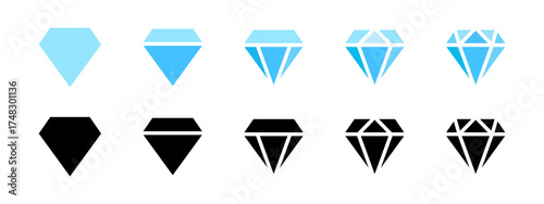 Diamond icon collection. Different diamond shapes. Dimond icon set in flat style. Gem icons. Gemstone icon set. Vector graphic EPS 10