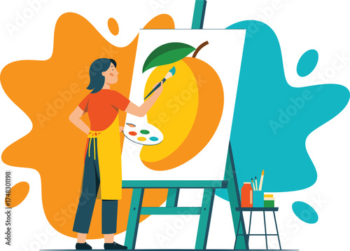 Woman painting a mango on canvas art illustration fine art painting hobbyist