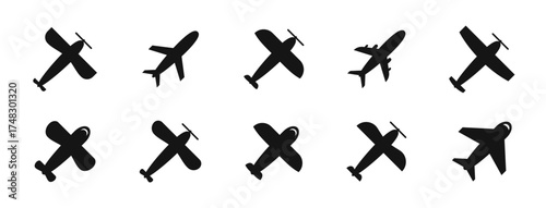 Airplane icon set. Aircraft icon collection. Different airplanes collection. Aeroplane icons. Flat black flight icons. Vector graphic EPS 10