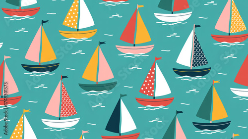 Digital illustration of sumud flotilla naval fleet, boats with colorful sails.