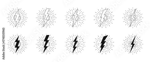 Lightning blitz and sunburst. Lightning strikes with burst. Retro thunderbolt with sunburst. Retro energy burst. Vector graphic EPS 10
