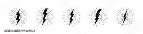 Retro thunderbolt with sunburst. Lightning strikes with burst. Retro energy burst. Lightning blitz and sunburst. Vector graphic EPS 10