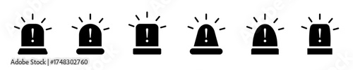 Flat black vector siren icon set. Siren flasher icon set. Siren lights collection. Attention symbol. Siren alarm signal icons. Vector EPS 10