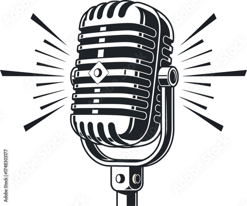 Vintage microphone broadcasting live radio performance on stage with classic design for music lovers