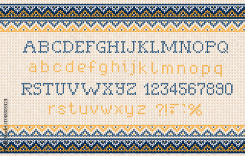 Knitted Alphabet on Yellow Fair Isle Seamless Pattern, Cozy Winter Font and Numbers Vector illustration. Scandinavian Knit Christmas Sweater Design. Nordic Knitted Winter Typography