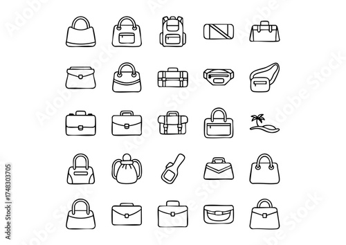 Vector Bag Icons: Minimalist Black & White Line Art Collectiom, Diverse Accessories: Outline Icons for Handbags, Luggage, and Backpacks, Black and White Bag Graphics: Complete Set of Vector Styles