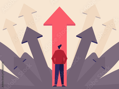 Man standing at crossroads facing multiple arrows symbolizing choices and success