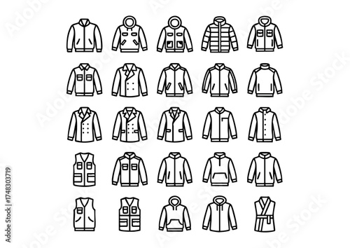 Vector Jacket Icon Collection: 50 Minimalist Black & White Outline Icons, Diverse Outerwear: Vector Line Art Jacket and Coat Graphics, Apparel Line Icons: Black and White Vector Set of 50 Different