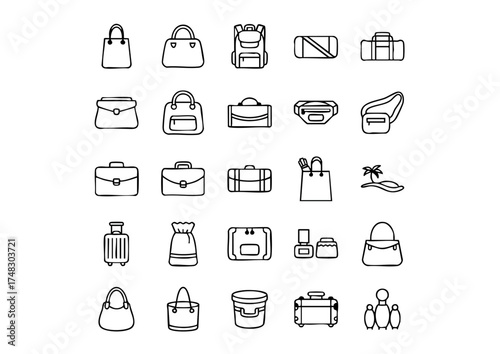 Vector Bag Icons: Minimalist Black & White Line Art Collectiom, Diverse Accessories: Outline Icons for Handbags, Luggage, and Backpacks, Black and White Bag Graphics: Complete Set of Vector Styles