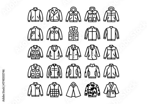 Vector Jacket Icon Collection: 50 Minimalist Black & White Outline Icons, Diverse Outerwear: Vector Line Art Jacket and Coat Graphics, Apparel Line Icons: Black and White Vector Set of 50 Different