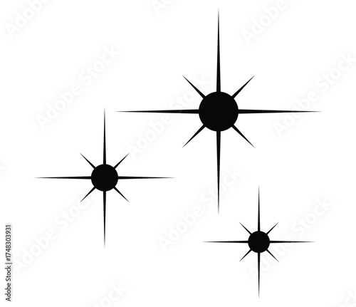 Three black starburst shapes with pointed rays radiating from a central circular point on white background vector