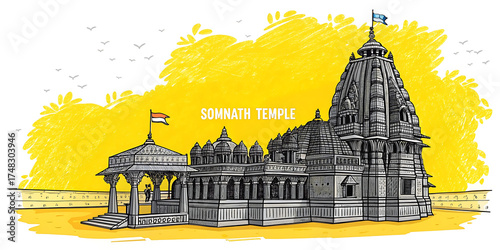Somnath Temple Detailed Line Vector Art with Sea Shore, Triveni Sangam, and Lighthouse – Hand Drawn Heritage Illustration for Indian Cultural Designs