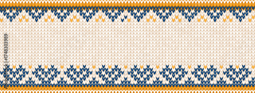 Cozy Knitted Christmas Horizontal Border Banner with Scandinavian Ornaments. Yellow and Blue Sweater Background Holiday Pattern. Ugly Sweater Style fair isle, Knit Design Vector Illustration