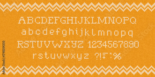 Knitted Alphabet on Blue Fair Isle Seamless Pattern, Cozy Winter Font and Numbers Vector illustration. Scandinavian Knit Christmas Sweater Design. Nordic Knitted Winter Typography