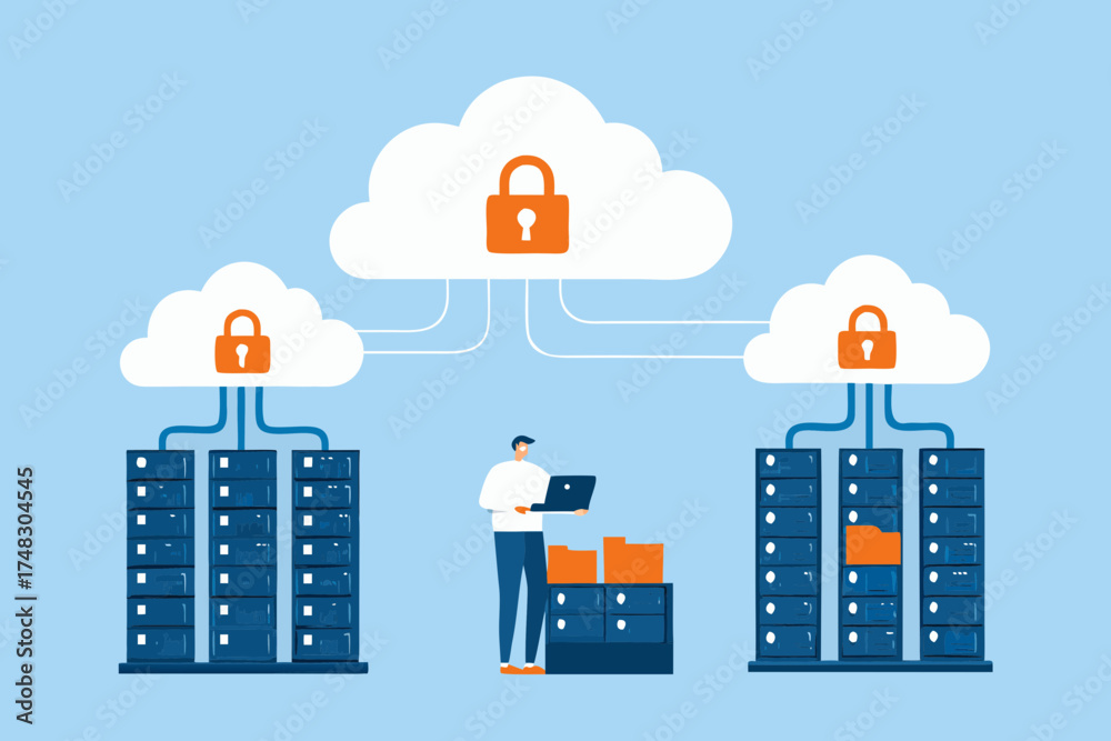 Naklejka premium Secure cloud computing infrastructure with data servers and a person managing data