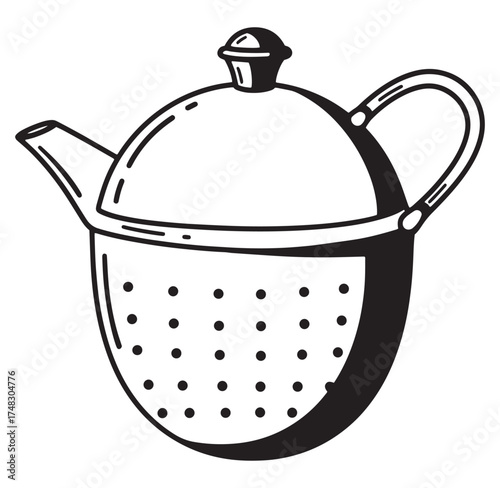A simple black and white illustration of a decorative teapot ready for tea brewing