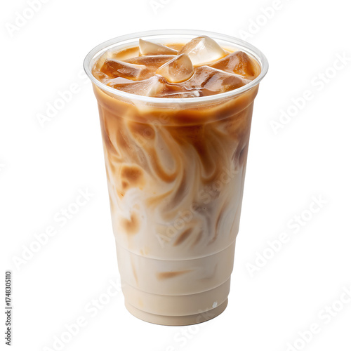 A refreshing iced latte with creamy milk and caramel swirl in a clear plastic cup with ice cubes isolated on transparent background