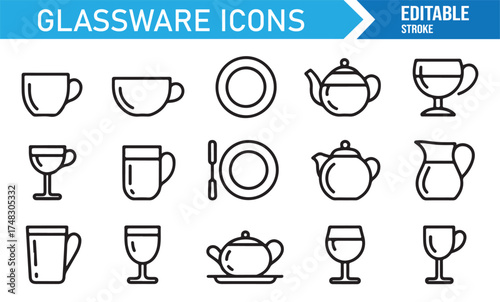 Thin line glassware vector collection, editable stroke outline icons of cups, pitchers, and tableware items
